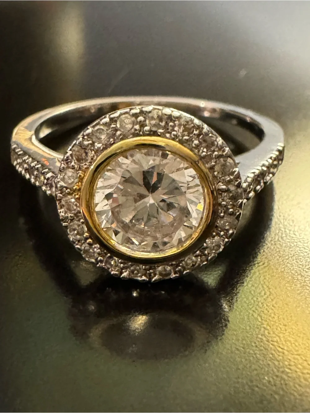 Sterling Silver 925 Two-Tone CZ Halo Ring - Gold Vermeil Bezel - Size 8.75